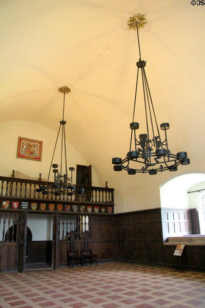 Lord's Hall with iron chandeliers at Doune Castle. Doune, Scotland.