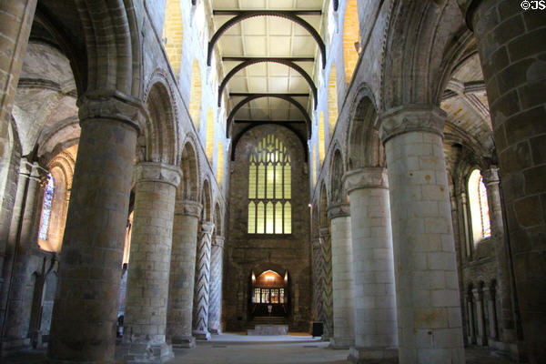 Nave (12thC) built on remnants of Queen Margaret of Scotland's 11th C church by her son David I at Dunfermline Abbey. Dunfermline, Scotland.