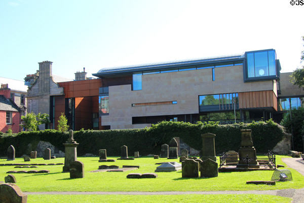 Dunfermline Carnegie Library Museum (1990-3) facing Abbey burial grounds. Dunfermline, Scotland. Architect: Stone Design Ltd..