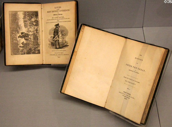 Samples of books Carnegie barrowed as a boy in 1850s from private library of Colonel Anderson in Pittsburgh at Andrew Carnegie Birthplace Museum. Dunfermline, Scotland.