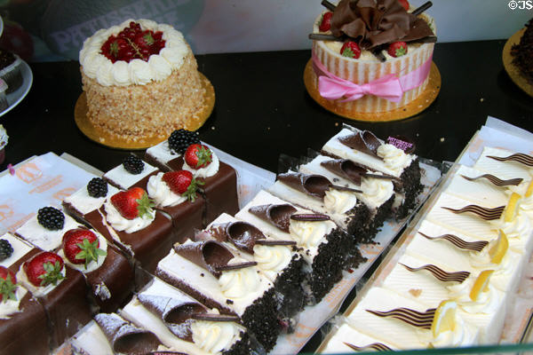 Pastries in bakery shop window. Edinburgh, Scotland.