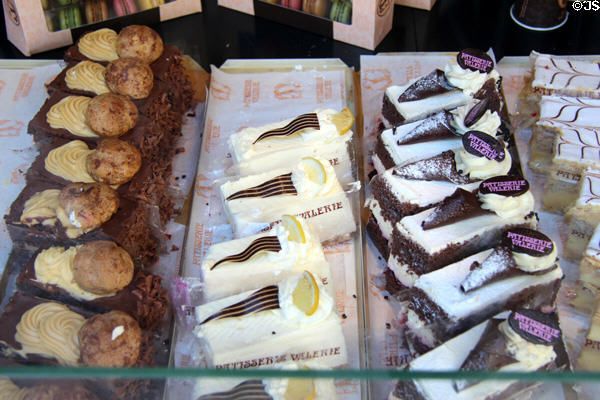 Pastries in bakery shop window. Edinburgh, Scotland.