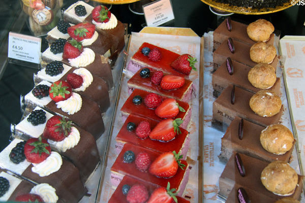 Pastries in bakery shop window. Edinburgh, Scotland.
