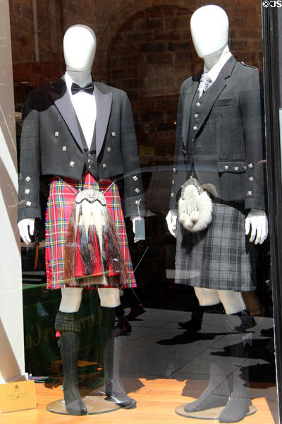 Scottish formal dress in shop window. Edinburgh, Scotland.