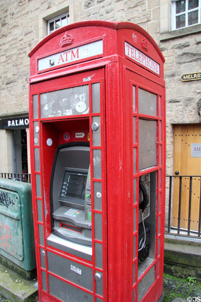 ATM in traditional red telephone box. Edinburgh, Scotland.