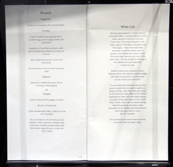 Concorde menu & wine list at National Museum of Flight. East Fortune, Scotland.