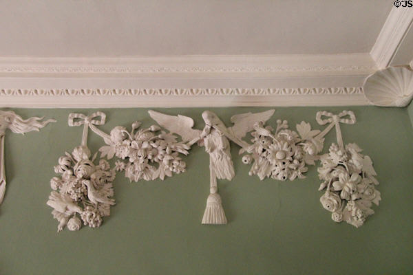 Plasterwork with bird motif (c1742) by Thomas Clayton in vestibule at Newhailes. Musselburgh, Scotland.