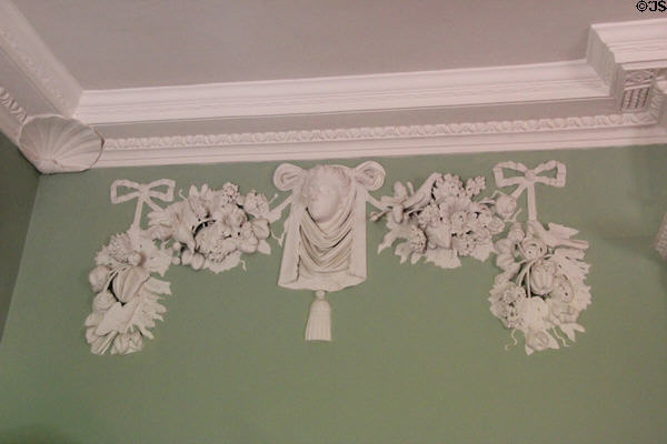 Plasterwork with sculpted head motif in vestibule at Newhailes. Musselburgh, Scotland.