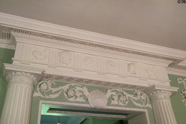 Decorative plasterwork door surround in vestibule at Newhailes. Musselburgh, Scotland.