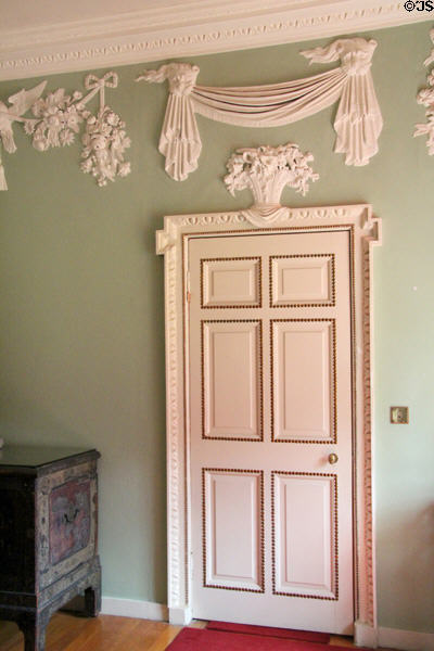 Plasterwork above door with tassel motif in vestibule at Newhailes. Musselburgh, Scotland.