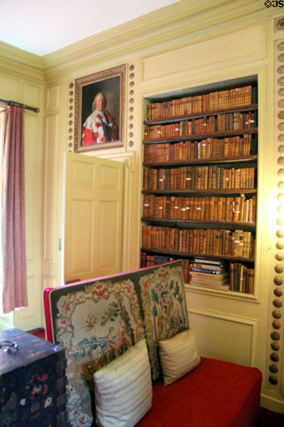 Tapestry covered sofa pillows in Chinese sitting room at Newhailes. Musselburgh, Scotland.