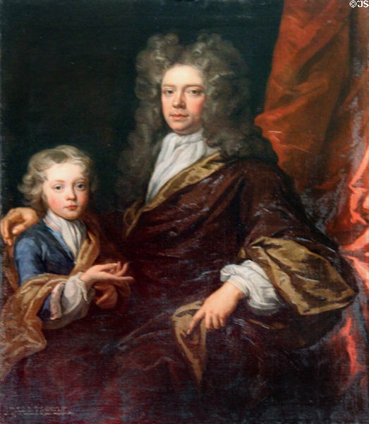 Portrait of Sir David Dalrymple, builder of the Library Wing, & his son, James, who added the chimneypiece, in Library Wing at Newhailes. Musselburgh, Scotland.