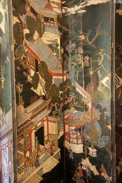 Detail of Coromandel screen in Library at Newhailes. Musselburgh, Scotland.
