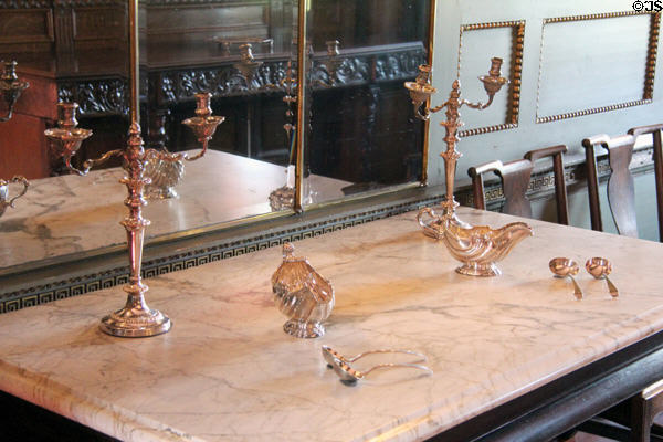 Silver candle sticks & gravy boats in dining room at Newhailes. Musselburgh, Scotland.