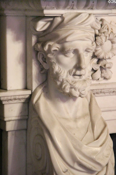 Persian figures carved on chimneypiece by Henry Cheere in drawing room at Newhailes. Musselburgh, Scotland.