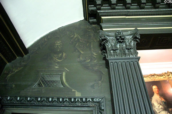 Decorative woodwork framing entrance to alcove of Green Bedroom at Newhailes. Musselburgh, Scotland.