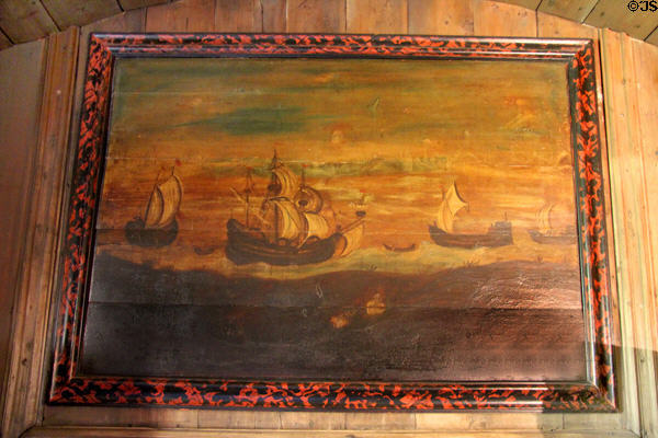 Painting of sailing ships at sea in High Hall at Culross Palace. Culross, Scotland.