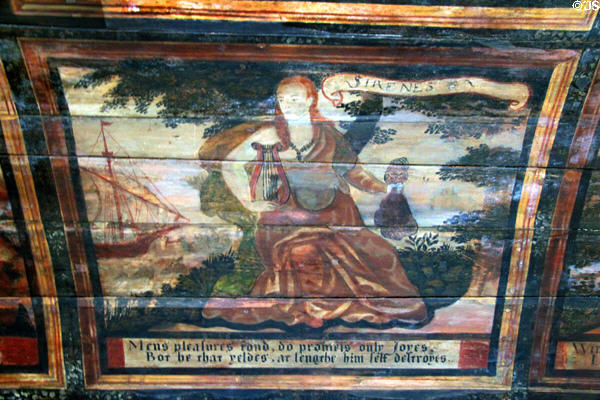 Sirens painted ceiling panel in painted chamber at Culross Palace at Culross Palace. Culross, Scotland.
