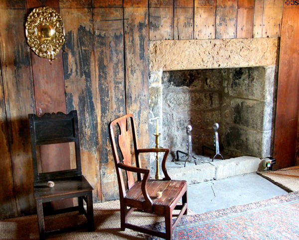 Fireplace & plank walls in North building at Culross Palace. Culross, Scotland.
