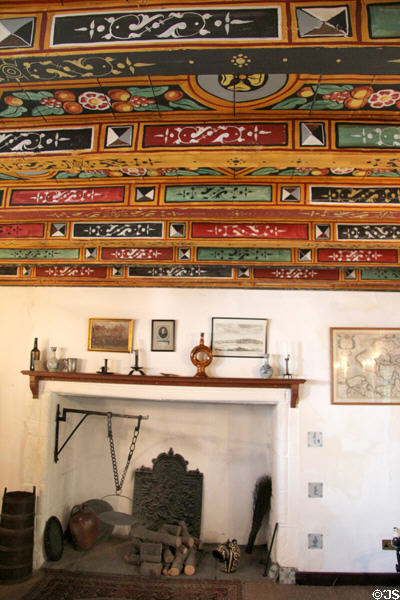 Painted ceiling beams over fireplace at The Study. Culross, Scotland.