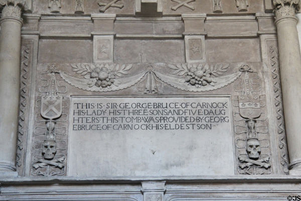 Inscription of Sir George Bruce of Carnock tomb at Culross Abbey Church. Culross, Scotland.