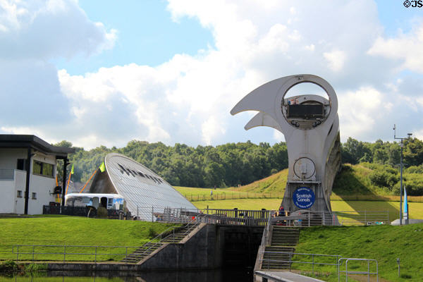 Falkirk Wheel beside visitor centre. Falkirk, Scotland.