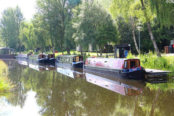Classic British canal boats docked near Falkirk Wheel. Falkirk, Scotland.
