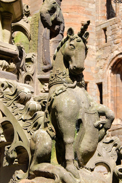 Unicorn on Linlithgow Palace fountain. Linlithgow, Scotland.