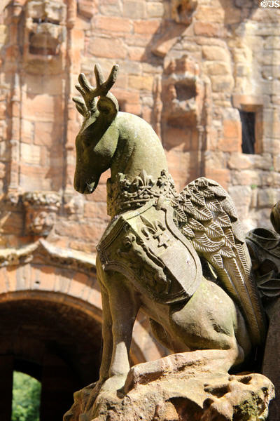 Stag with wings on Linlithgow Palace fountain. Linlithgow, Scotland.