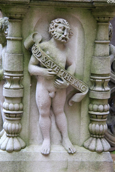 God save the King banner on Linlithgow Palace fountain. Linlithgow, Scotland.