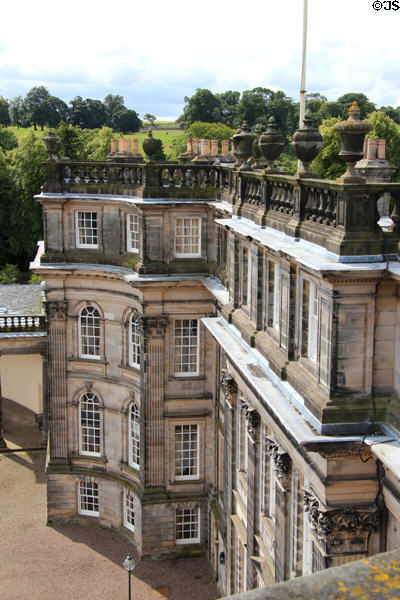 View of house & estate from roof top viewing platform at Hopetoun House. Queensferry, Scotland.