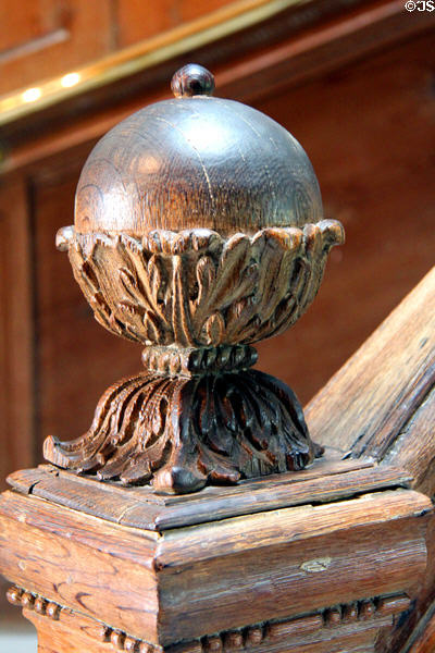 Carved newel post on front staircase at Hopetoun House. Queensferry, Scotland.
