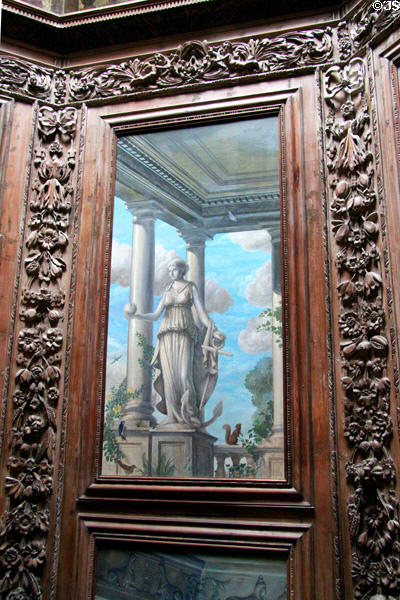Memorial mural framed by William McLaren in carved panels by Alexander Eizat on staircase at Hopetoun House. Queensferry, Scotland.