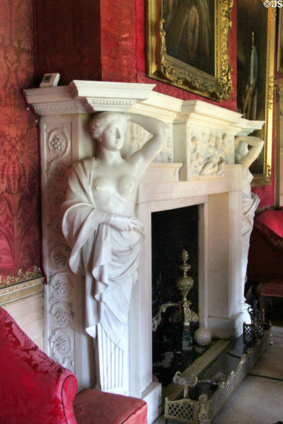 Carvings on marble chimneypiece by Michael Rysbrack in Red Drawing Room at Hopetoun House. Queensferry, Scotland.