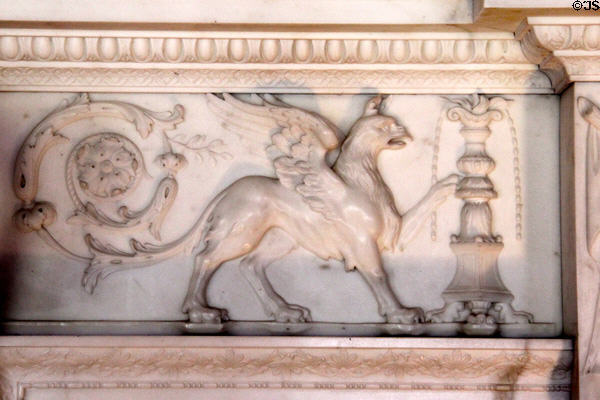 Carvings on marble chimneypiece by Michael Rysbrack in Red Drawing Room at Hopetoun House. Queensferry, Scotland.