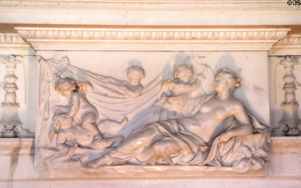 Carvings on marble chimneypiece by Michael Rysbrack in Red Drawing Room at Hopetoun House. Queensferry, Scotland.