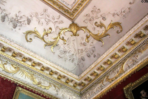 Corner Rococo decoration on ceiling by John Dawson in Red Drawing Room at Hopetoun House. Queensferry, Scotland.