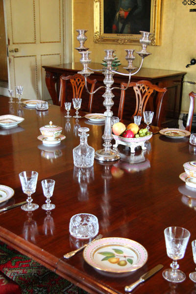 Derby dessert service(1820) & silver candelabra (early 20thC) in State Dining room at Hopetoun House. Queensferry, Scotland.