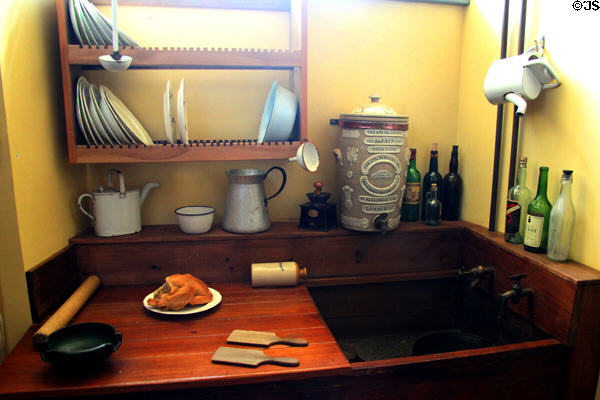 Sink with ceramic water filter jug by Atkins & Engineering Co. of London in service area at Hopetoun House. Queensferry, Scotland.