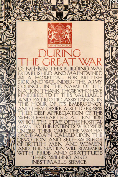 Plaque commemorating the use of the South Pavilion as a Military Hospital during WWI at Hopetoun House. Queensferry, Scotland.