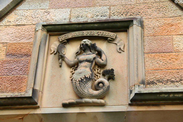 Relief "Per Mare Per Terras", Rutherford coat of arms for the early 19thC owner, above entrance to Lauriston Castle. Edinburgh, Scotland.