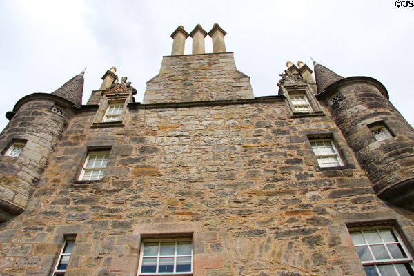 Turrets & chimney pots on tower house at Lauriston Castle. Edinburgh, Scotland.