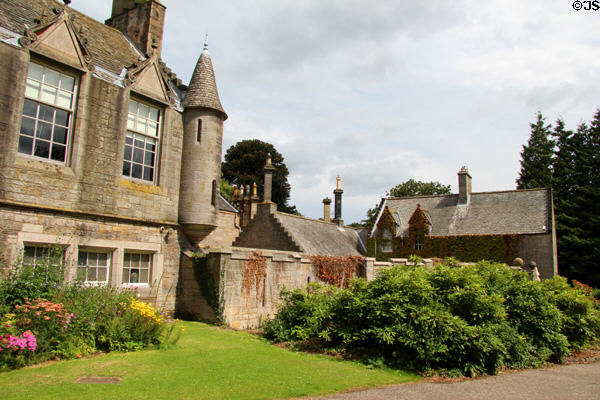 Extension (19thC) framed by flower garden at Lauriston Castle. Edinburgh, Scotland.