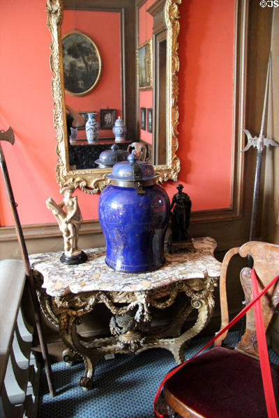 Urn of Derbyshire Blue John stone, a rare variety of calcium fluorite, in entry hall at Lauriston Castle. Edinburgh, Scotland.