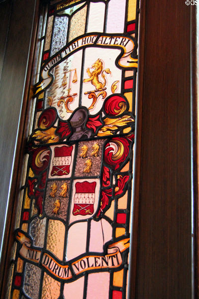 Coat of arms (19thC) in stained glass at Lauriston Castle. Edinburgh, Scotland.