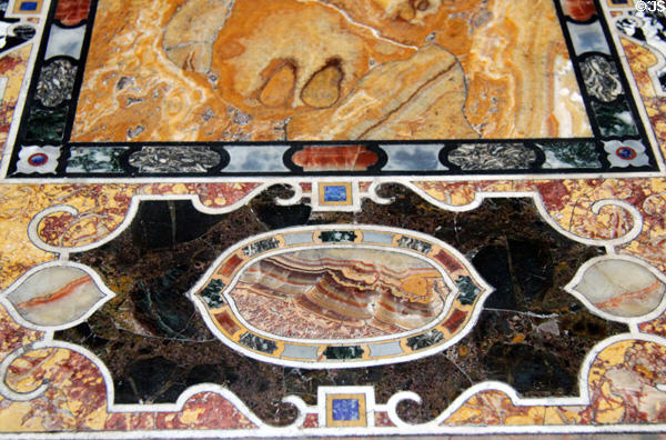 Detail of pietra dura table top fitted with various marbles to form an intricate pattern in Reception Hall at Lauriston Castle. Edinburgh, Scotland.