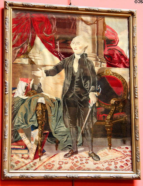 Framed needlework portrait in Reception Hall at Lauriston Castle. Edinburgh, Scotland.