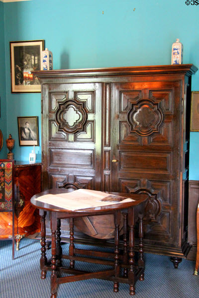 Gateleg table & carved armoire in Oak Room at Lauriston Castle. Edinburgh, Scotland.