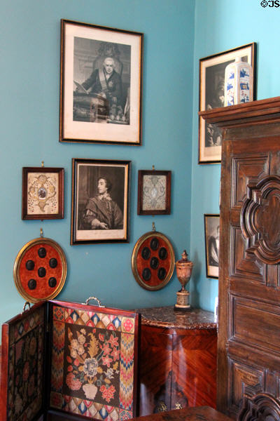 Portraits & other wall decorations in Oak Room at Lauriston Castle. Edinburgh, Scotland.