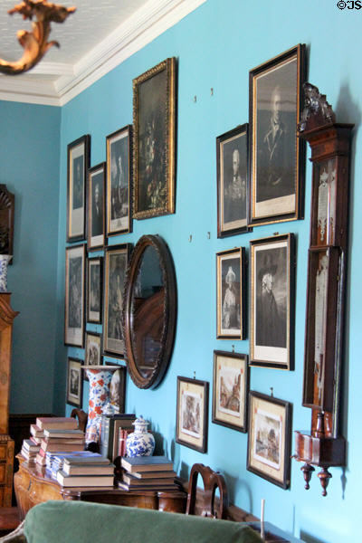 Wall decorations hung in Edwardian style in Oak Room at Lauriston Castle. Edinburgh, Scotland.